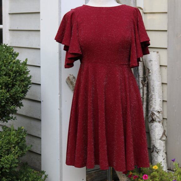 Burgundy Glitter Sparkle Stretch Flutter Sleeve Full A-Line Dress Sz SMALL - Picture 1 of 6